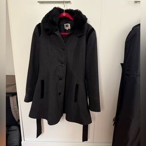 Black Wool Faux Fur Peplum Women's Coat